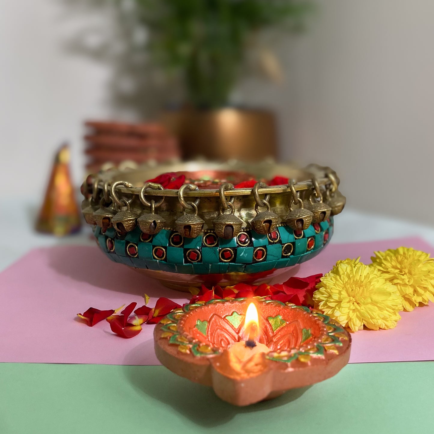 Hand-Painted Clay Diya-Ekam | Metallic Glow Collection | Set of 6