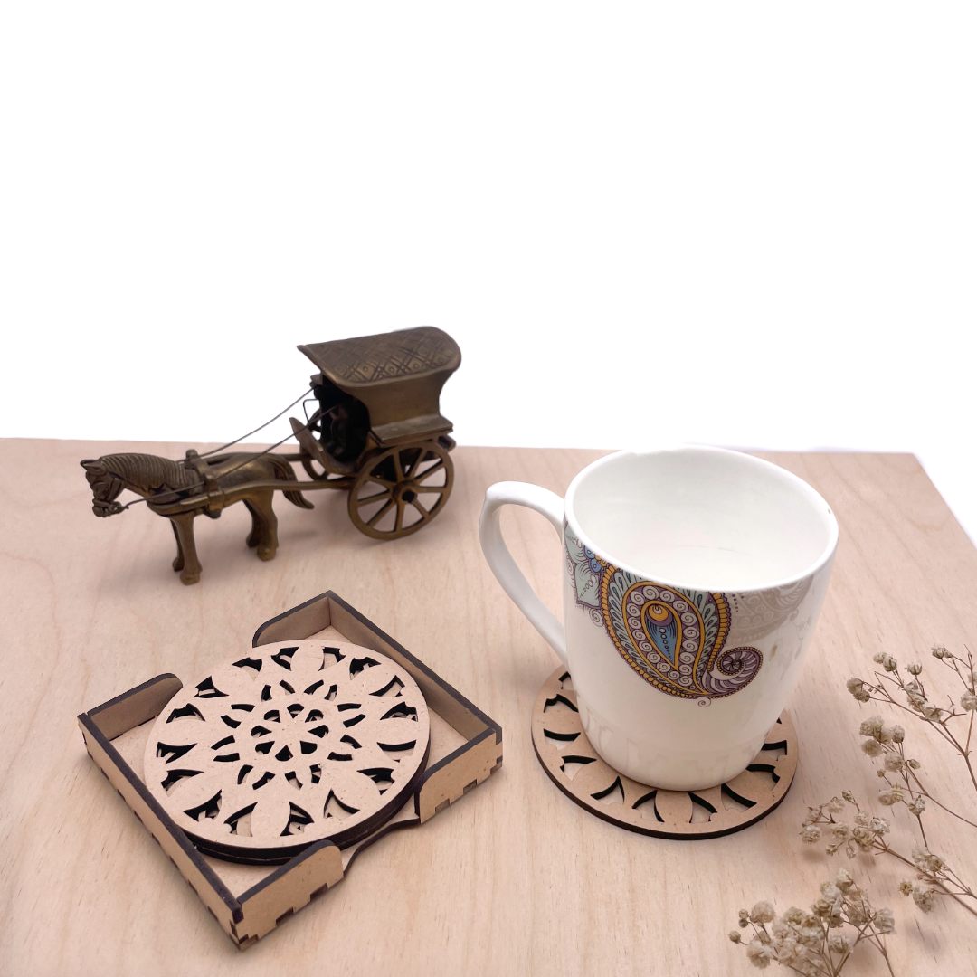 Wooden Navadash Mandala Coasters with Holder