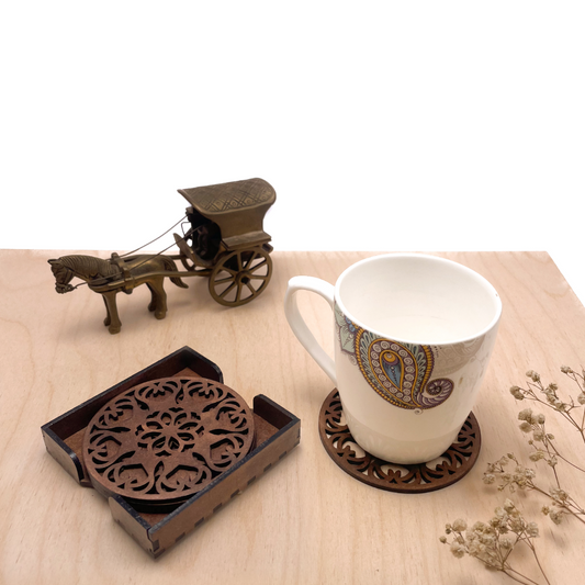 Wooden Ekam Mandala Coasters with Holder