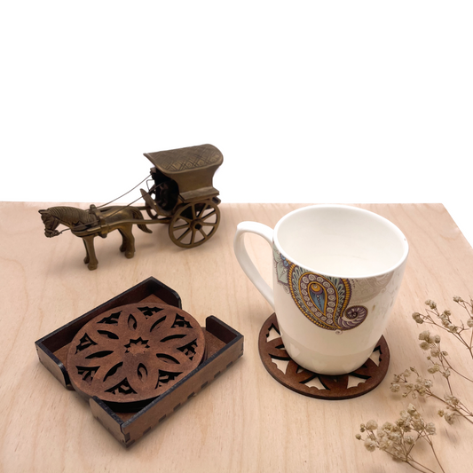 Wooden Pancha Mandala Coasters with Holder