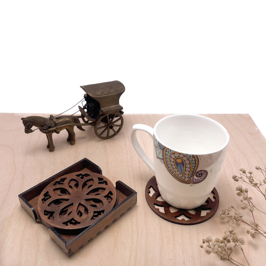 Wooden Nava Mandala Coasters with Holder