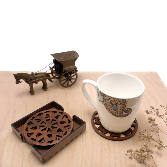 Wooden Dasha Mandala Coasters with Holder