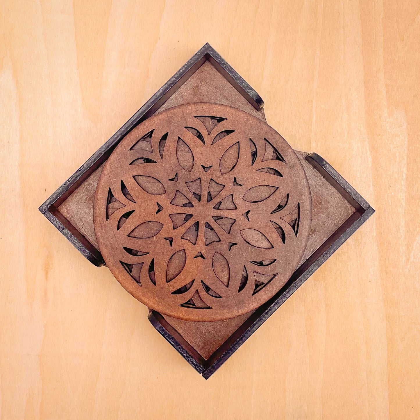 Wooden Ekaadash Mandala Coasters with Holder
