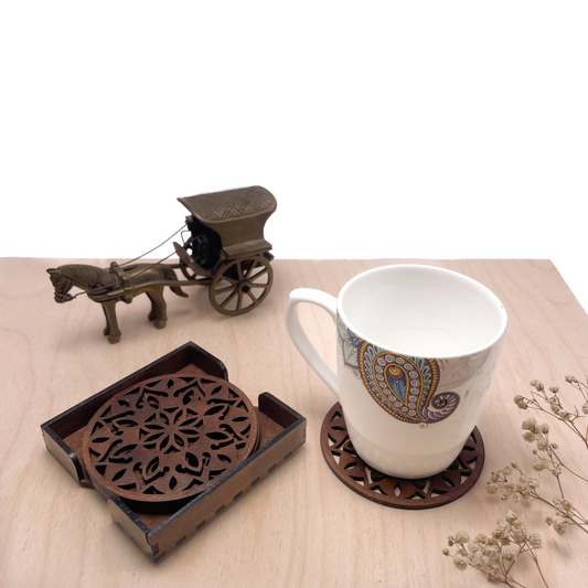 Wooden Dvaadash Mandala Coasters with Holder