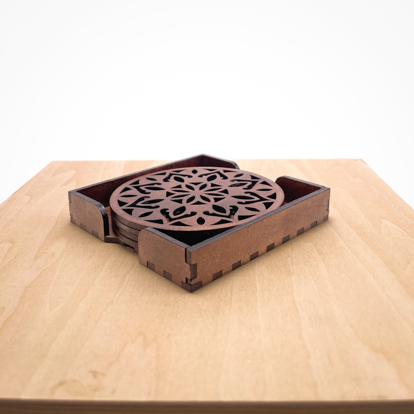 Wooden Dvaadash Mandala Coasters with Holder