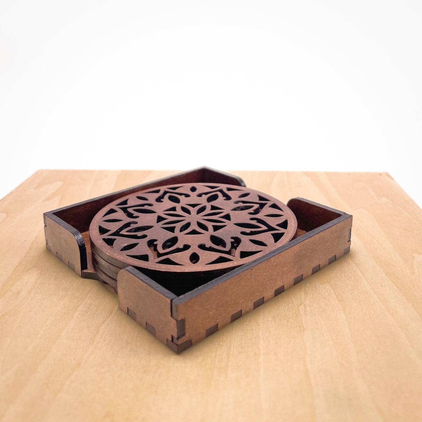 Wooden Dvaadash Mandala Coasters with Holder