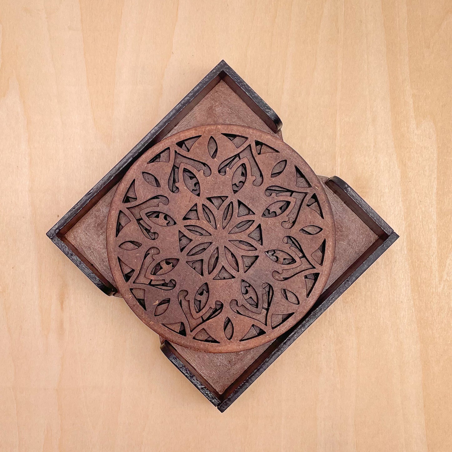 Wooden Dvaadash Mandala Coasters with Holder