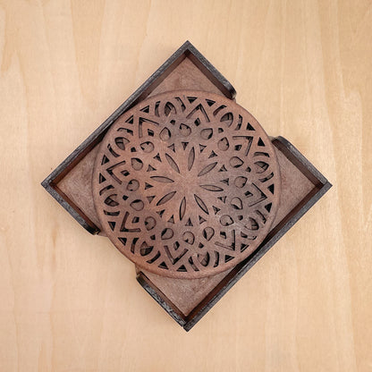Wooden Panchadash Mandala Coasters with Holder