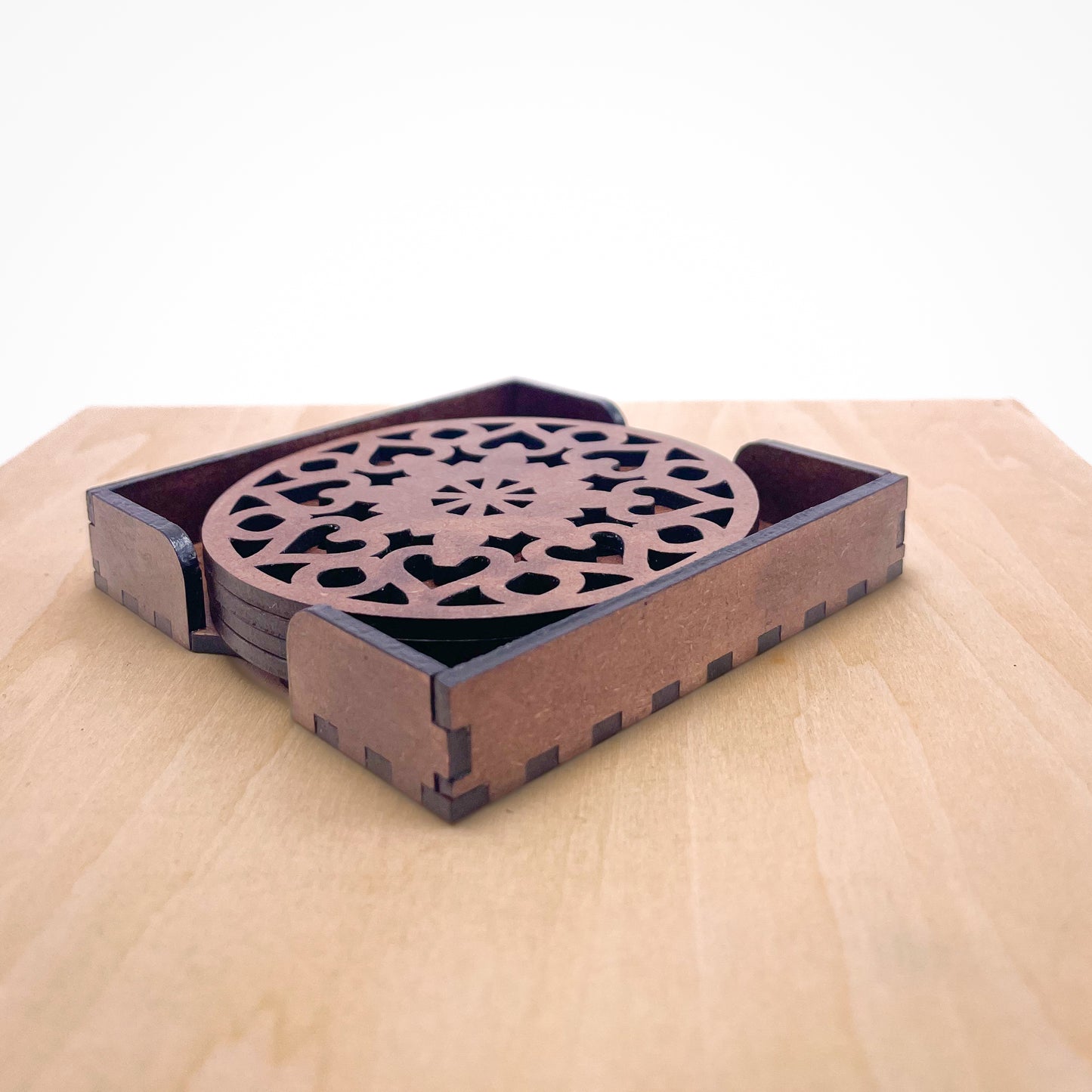 Wooden Saptadash Mandala Coasters with Holder