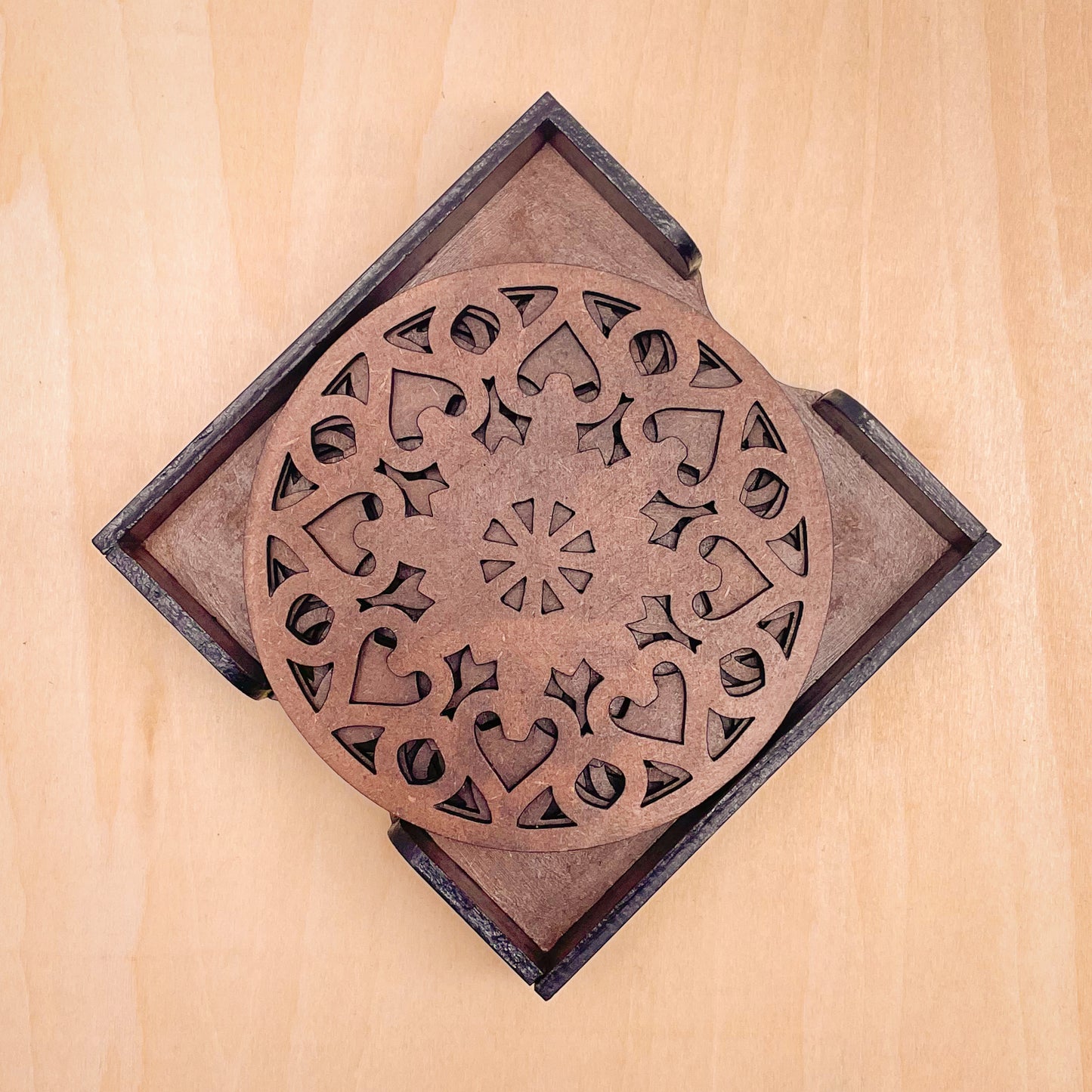 Wooden Saptadash Mandala Coasters with Holder