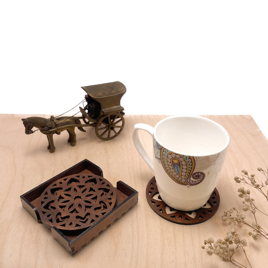 Wooden Ashtadash Mandala Coasters with Holder
