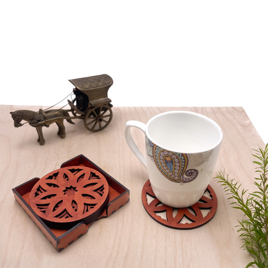 Wooden Pancha Mandala Coasters with Holder
