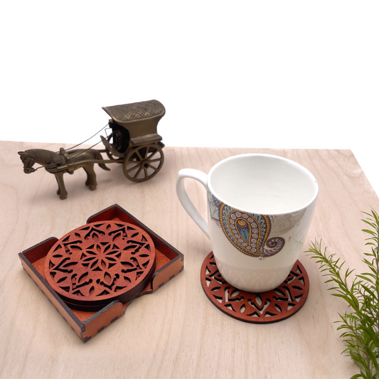 Wooden Dvaadash Mandala Coasters with Holder