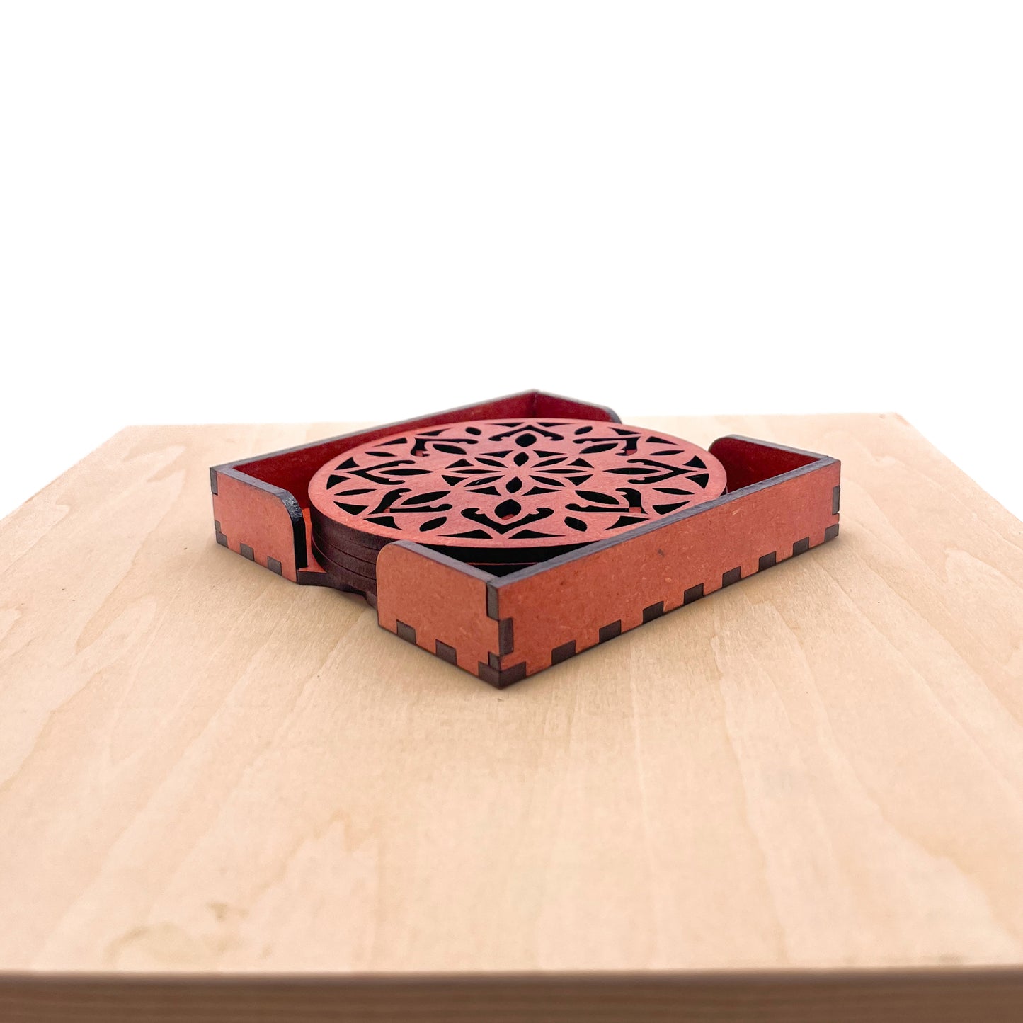 Wooden Dvaadash Mandala Coasters with Holder