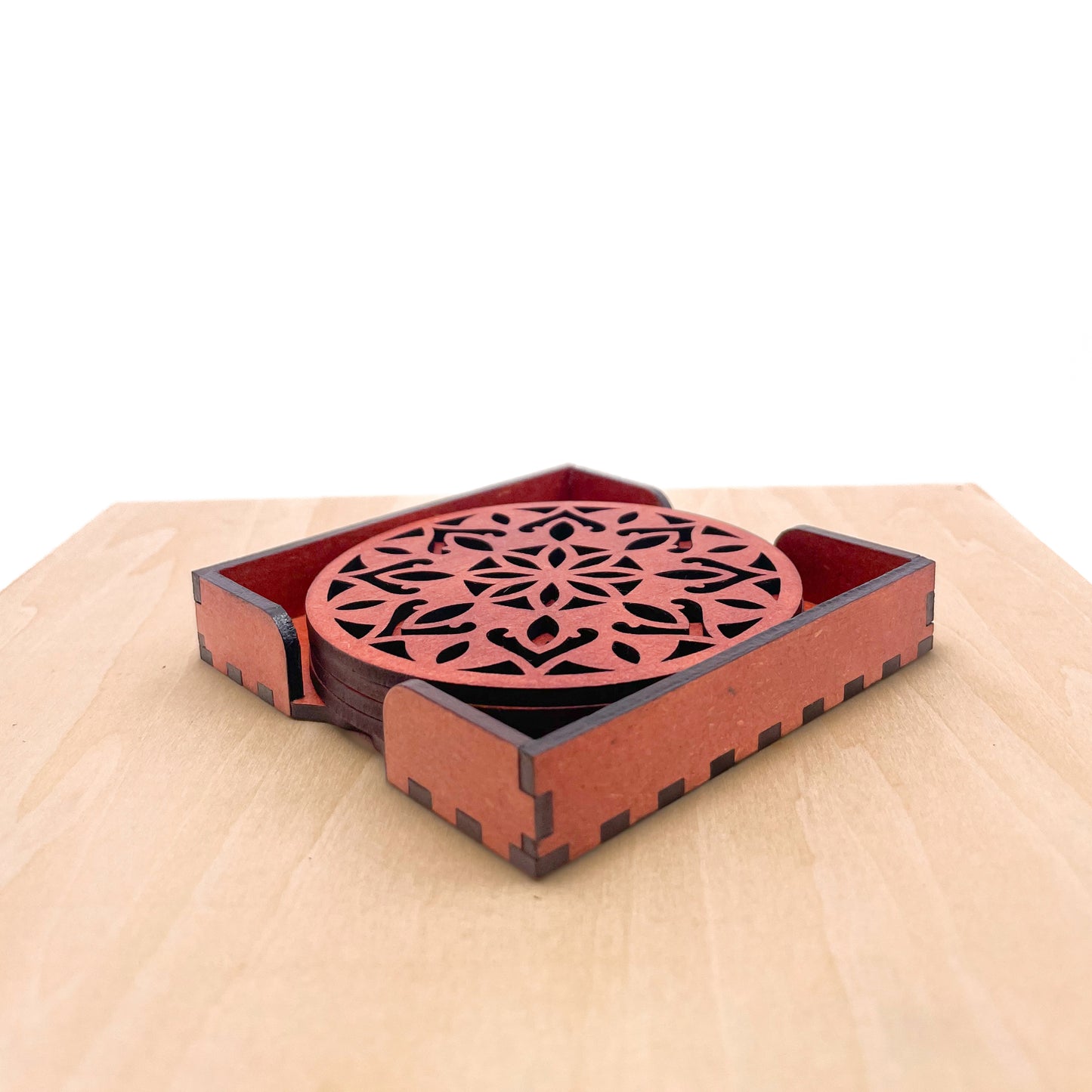 Wooden Dvaadash Mandala Coasters with Holder