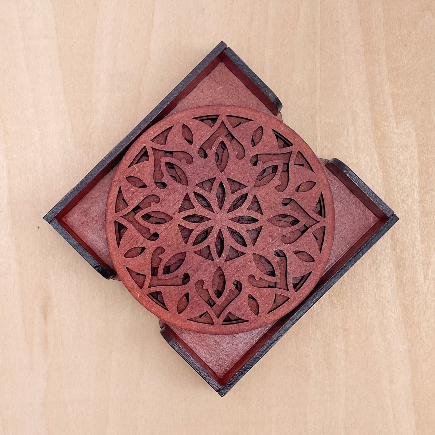 Wooden Dvaadash Mandala Coasters with Holder