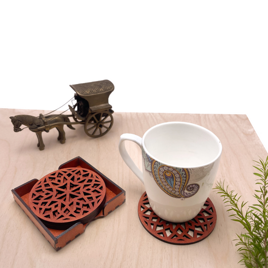 Wooden Chaturdash Mandala Coasters with Holder