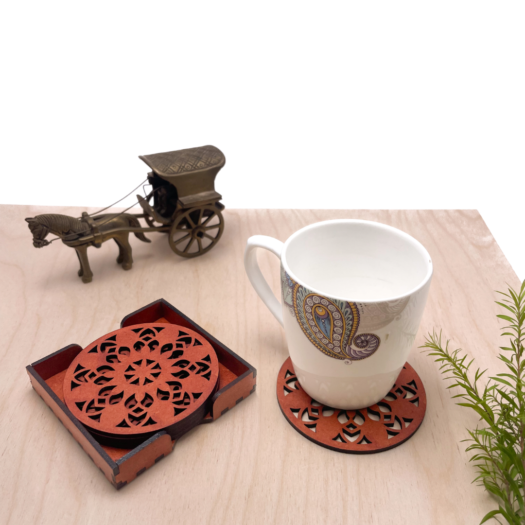 Mandala Art Coasters-Vimsati Wooden-Cinnamon