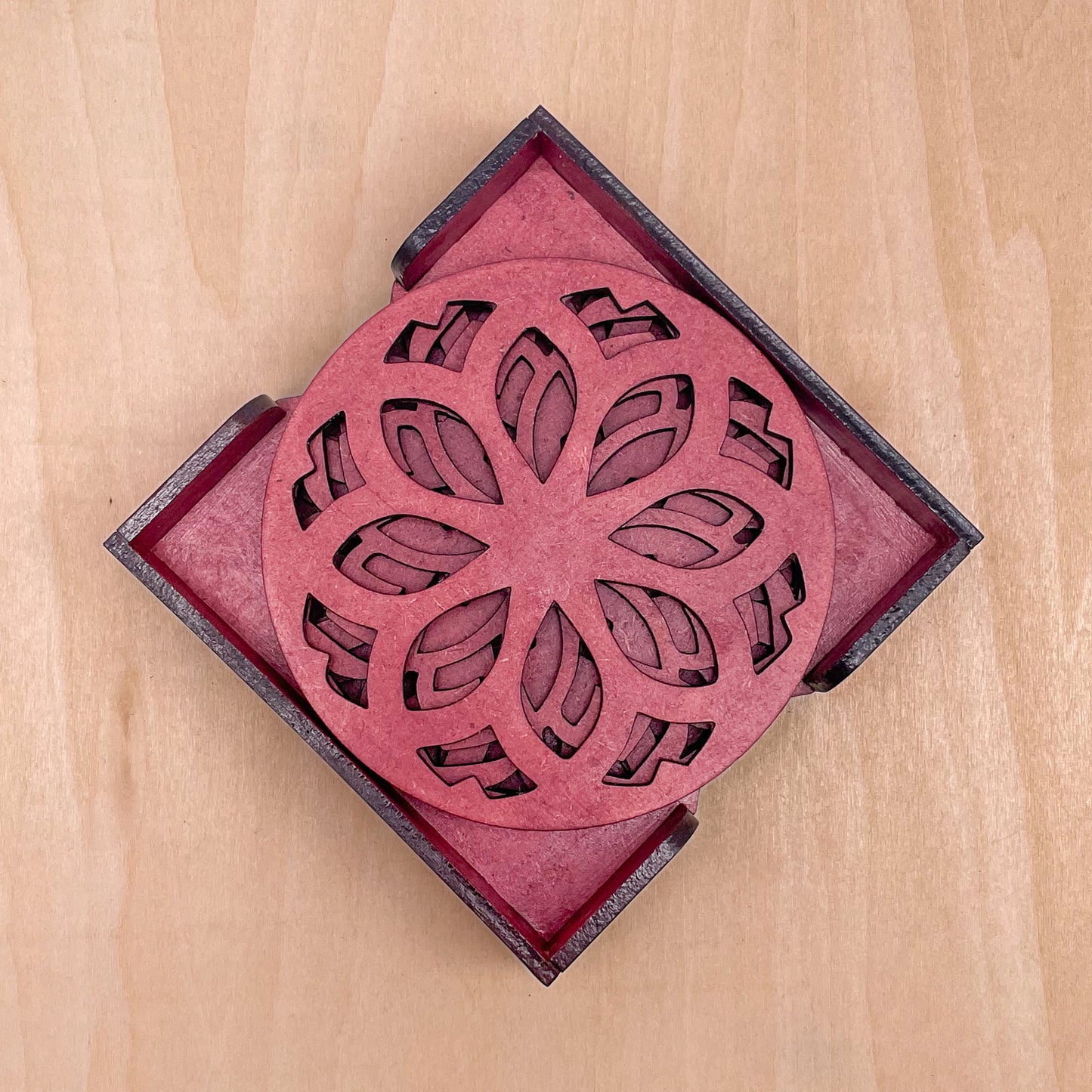 Mandala Art Coasters-Nava Wooden-Cherry Wood