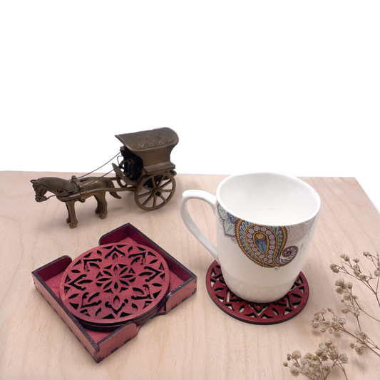 Wooden Dvaadash Mandala Coasters with Holder