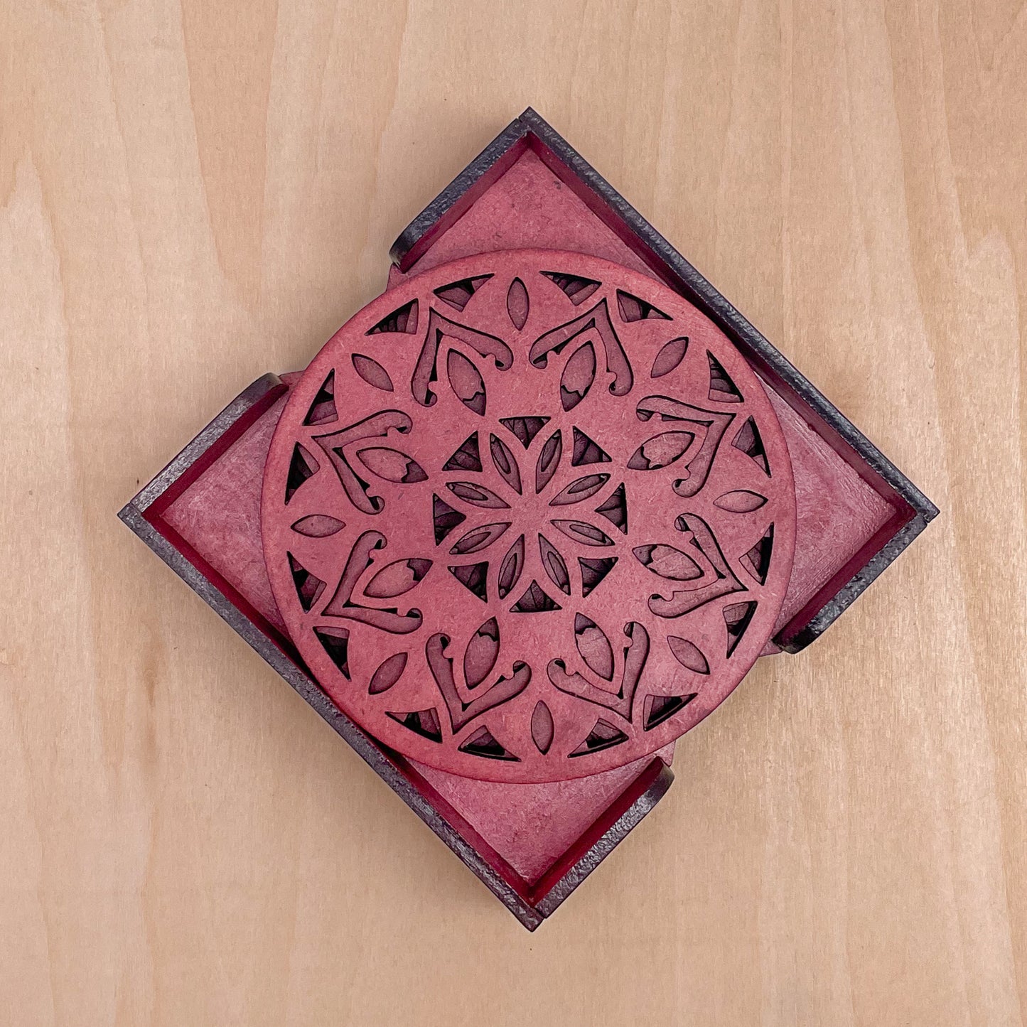 Wooden Dvaadash Mandala Coasters with Holder