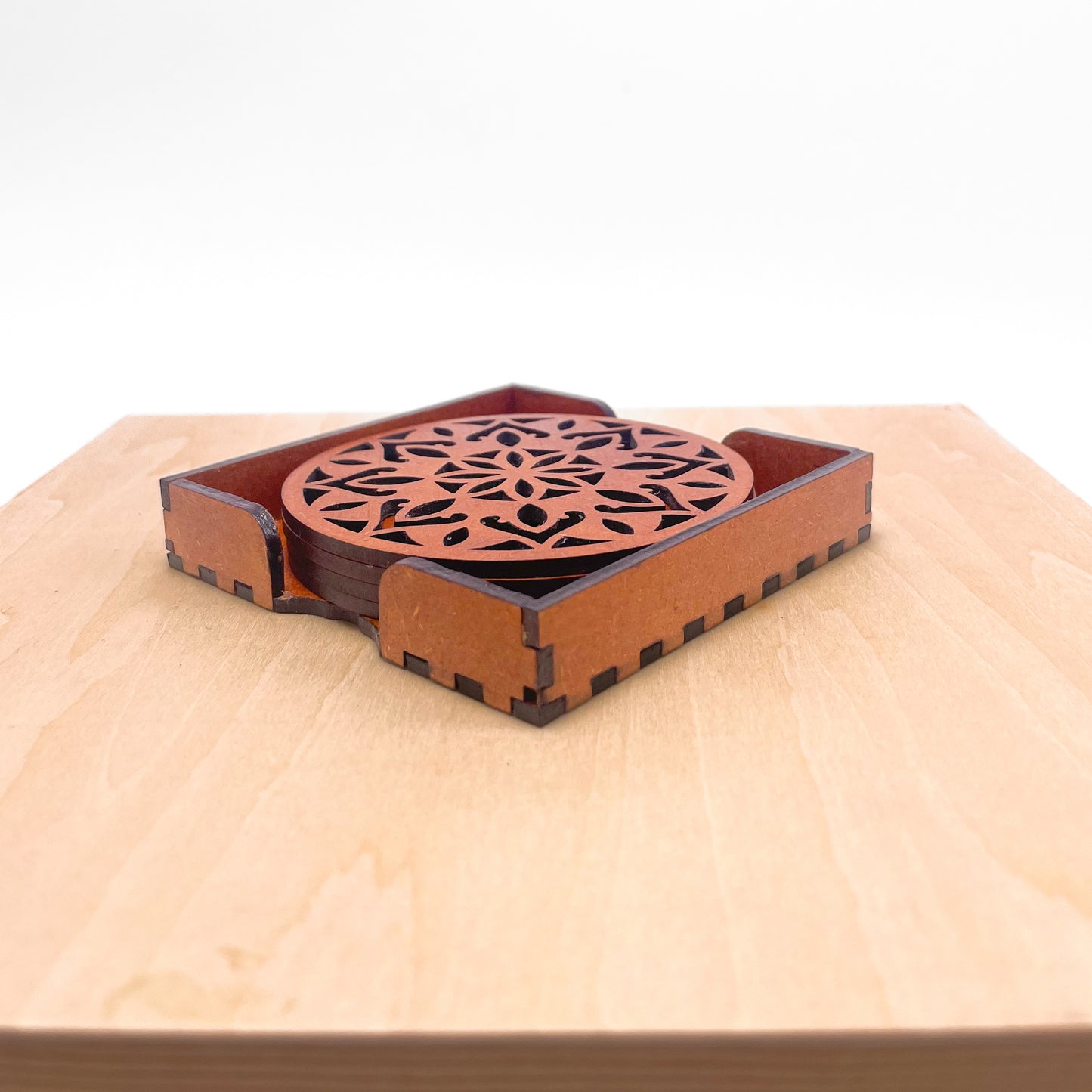 Wooden Dvaadash Mandala Coasters with Holder