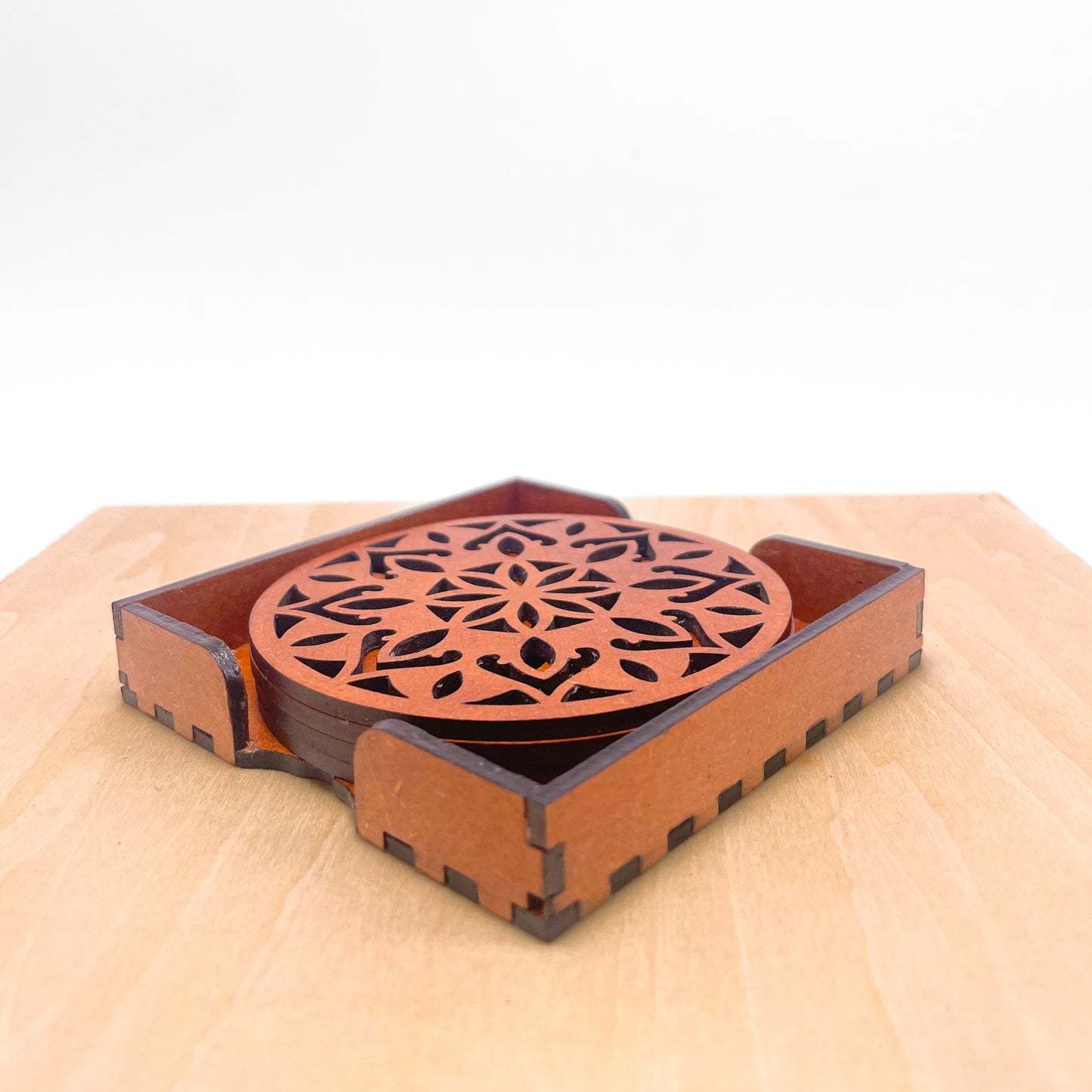 Wooden Dvaadash Mandala Coasters with Holder