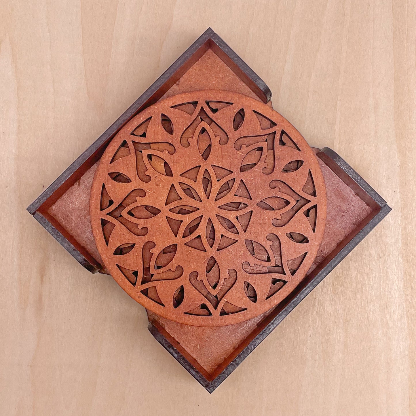 Wooden Dvaadash Mandala Coasters with Holder