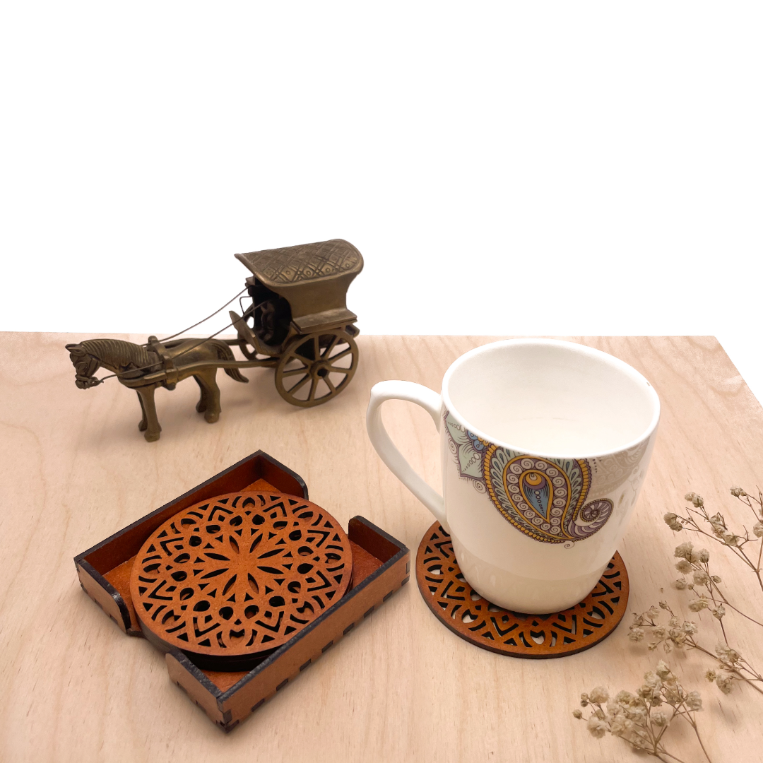 Wooden Panchadash Mandala Coasters with Holder