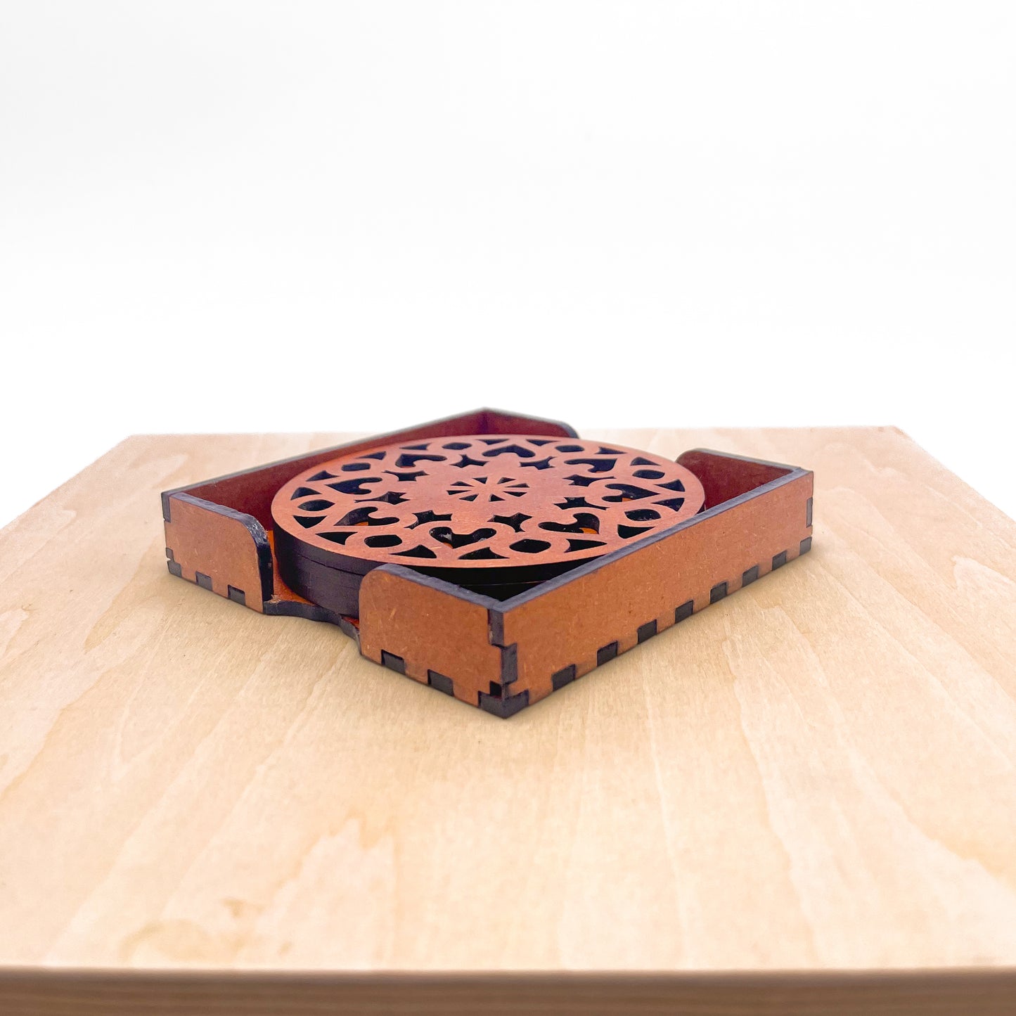 Wooden Saptadash Mandala Coasters with Holder