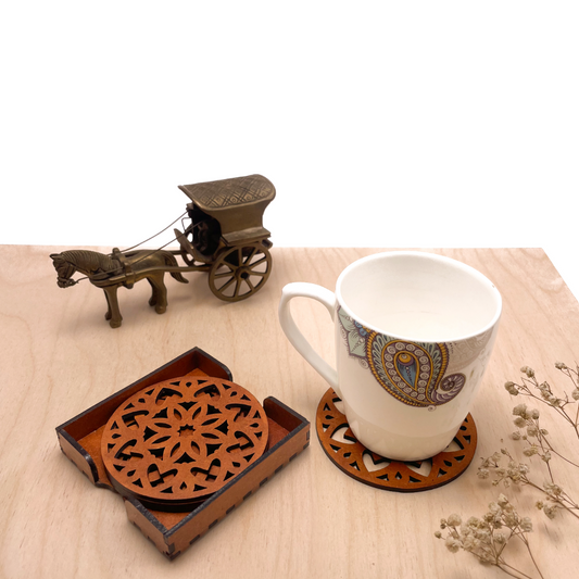 Wooden Ashtadash Mandala Coasters with Holder