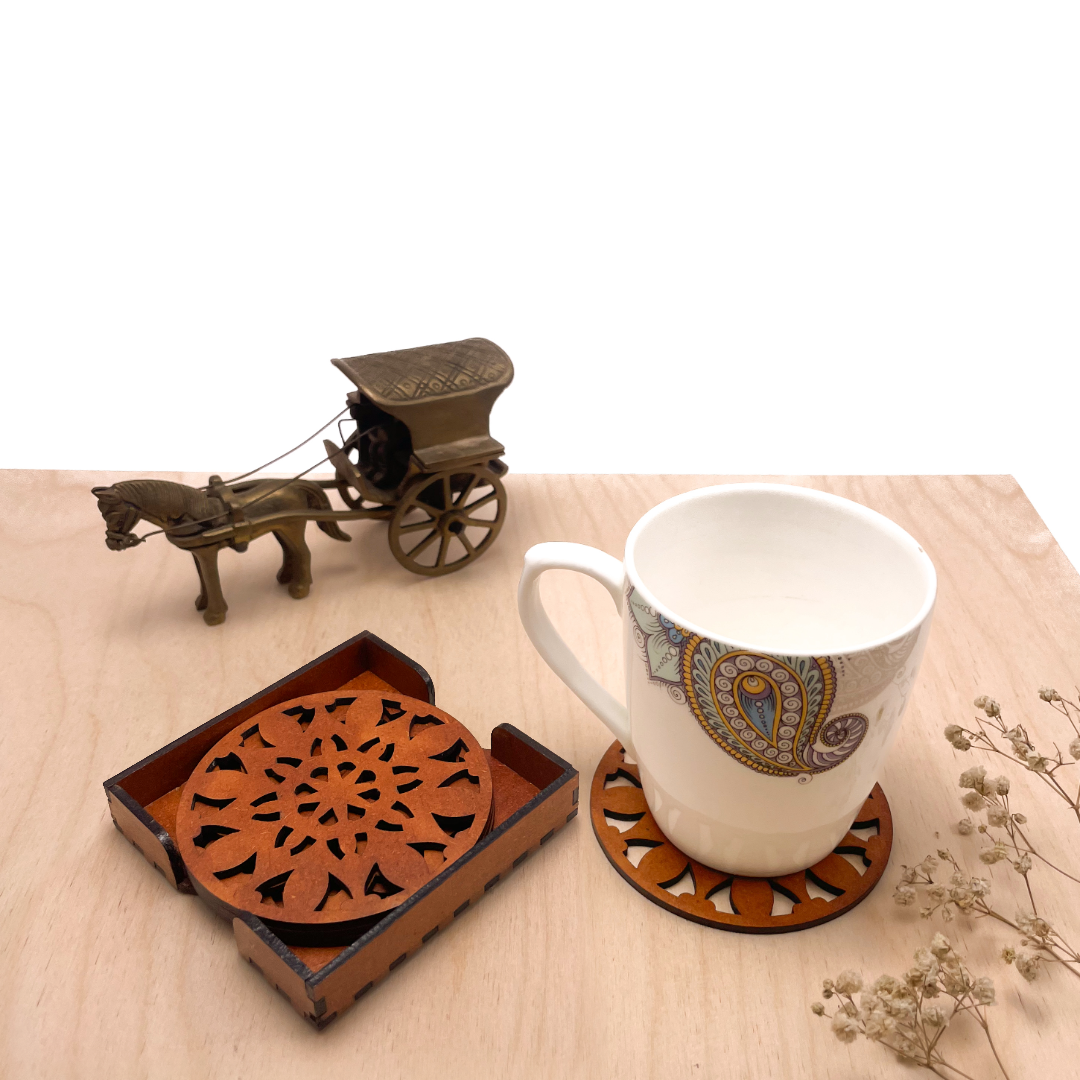 Wooden Navadash Mandala Coasters with Holder