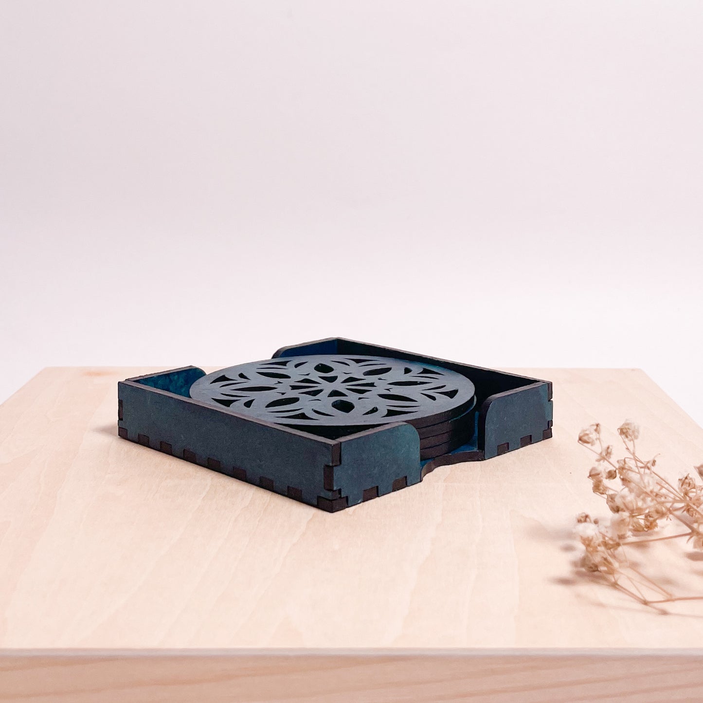 Wooden Ekaadash Mandala Coasters with Holder