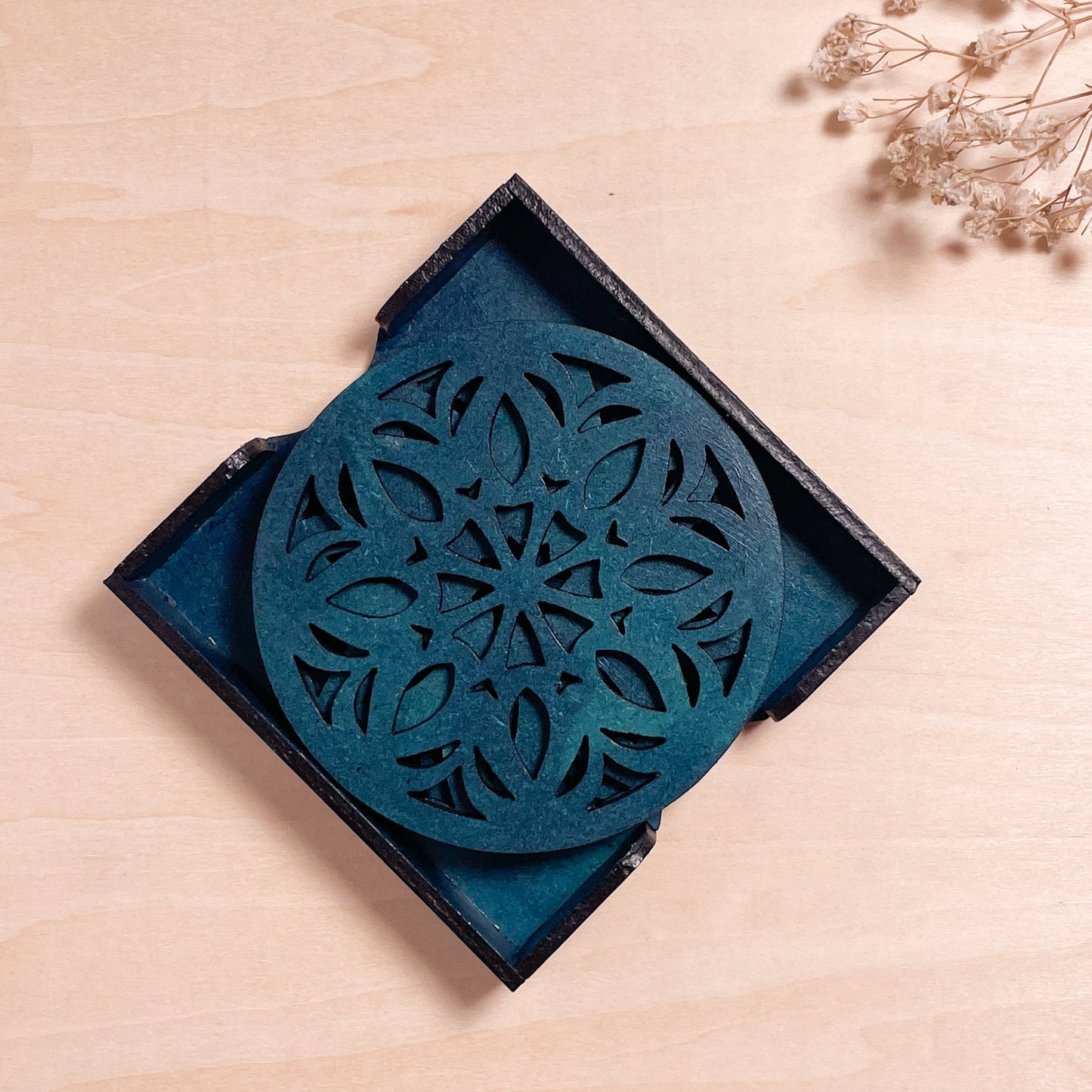 Wooden Ekaadash Mandala Coasters with Holder