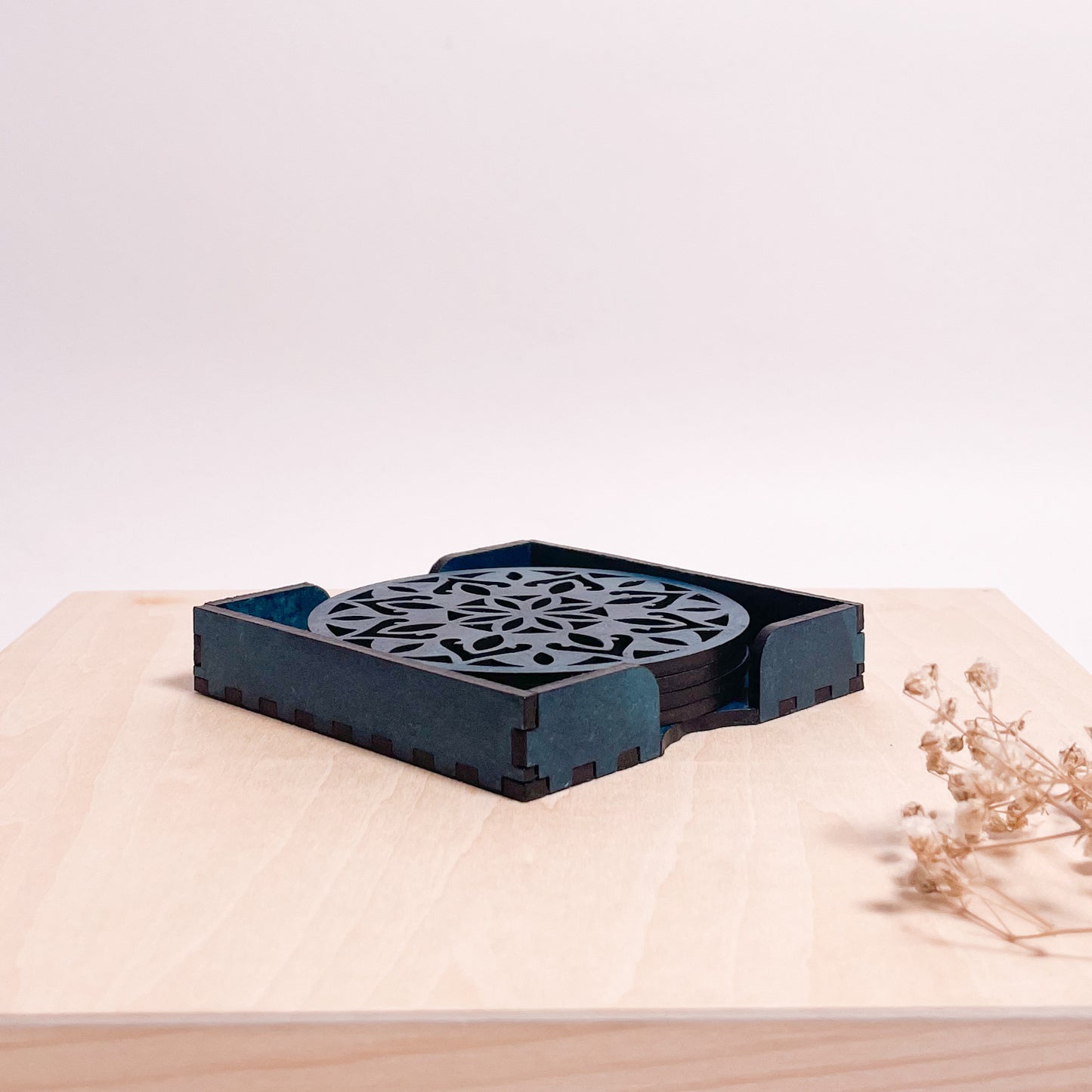 Wooden Dvaadash Mandala Coasters with Holder