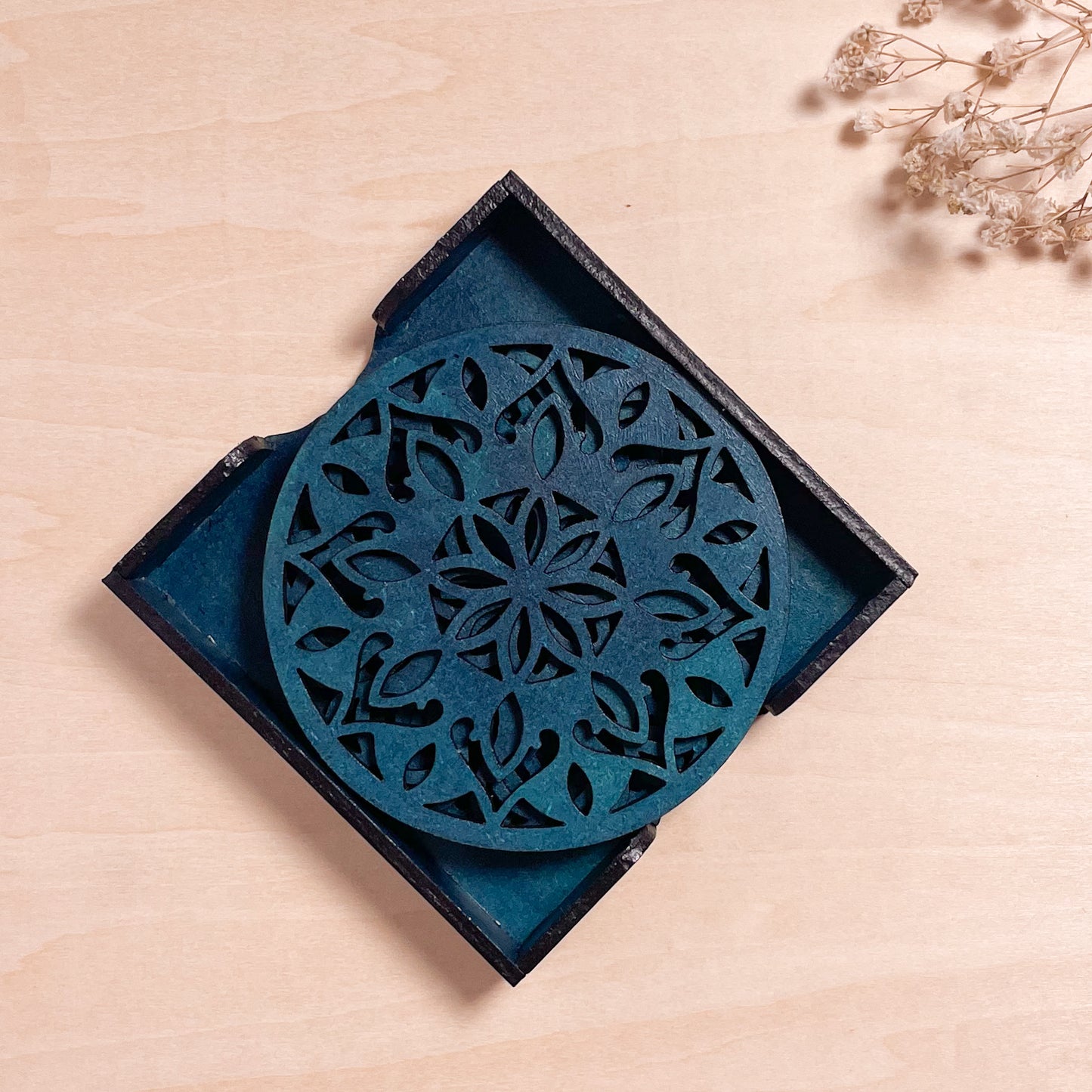 Wooden Dvaadash Mandala Coasters with Holder
