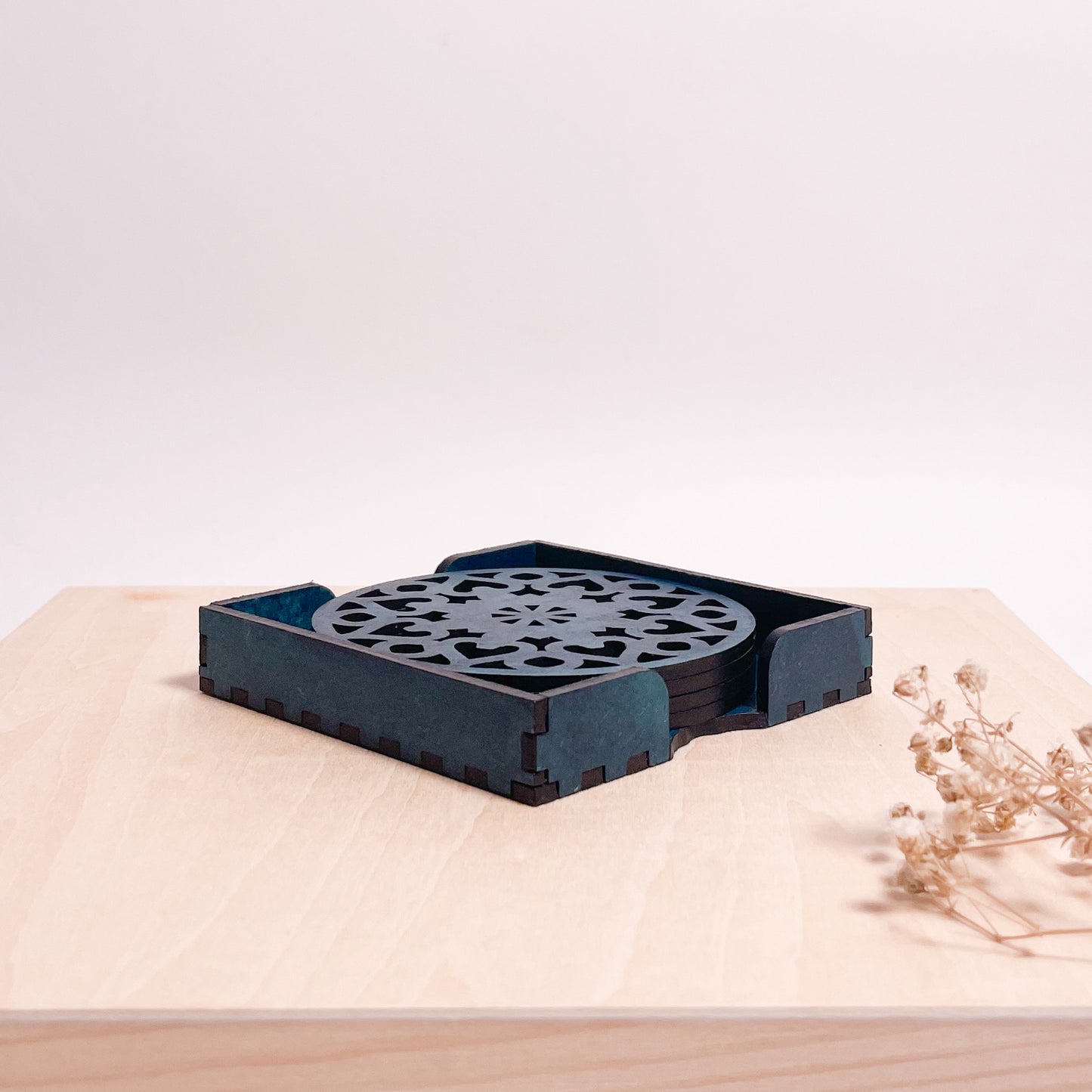 Wooden Saptadash Mandala Coasters with Holder