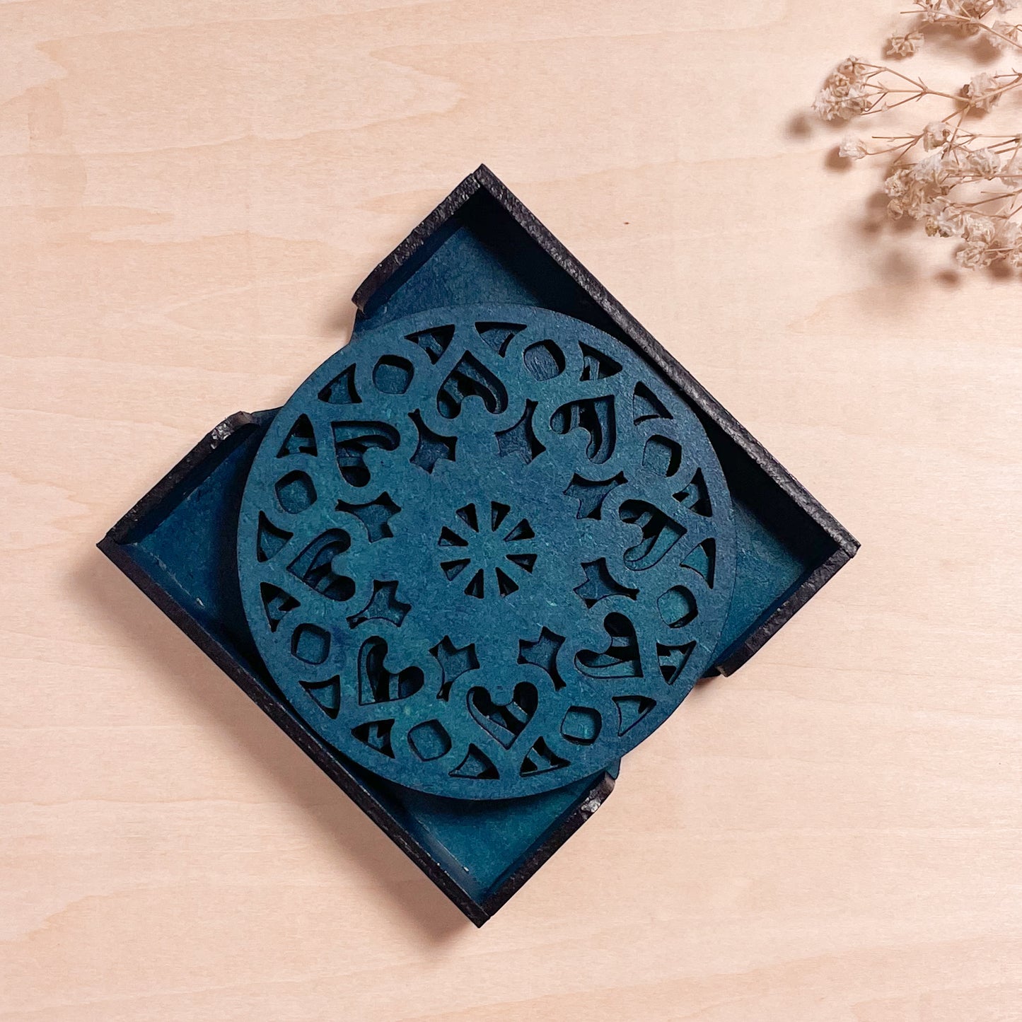 Wooden Saptadash Mandala Coasters with Holder