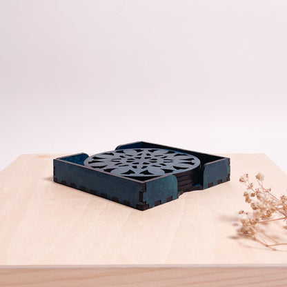 Wooden Navadash Mandala Coasters with Holder