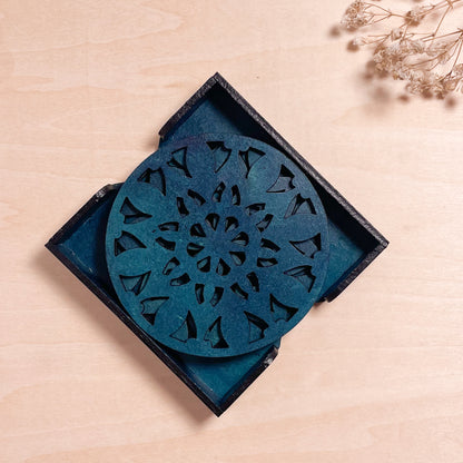 Wooden Navadash Mandala Coasters with Holder