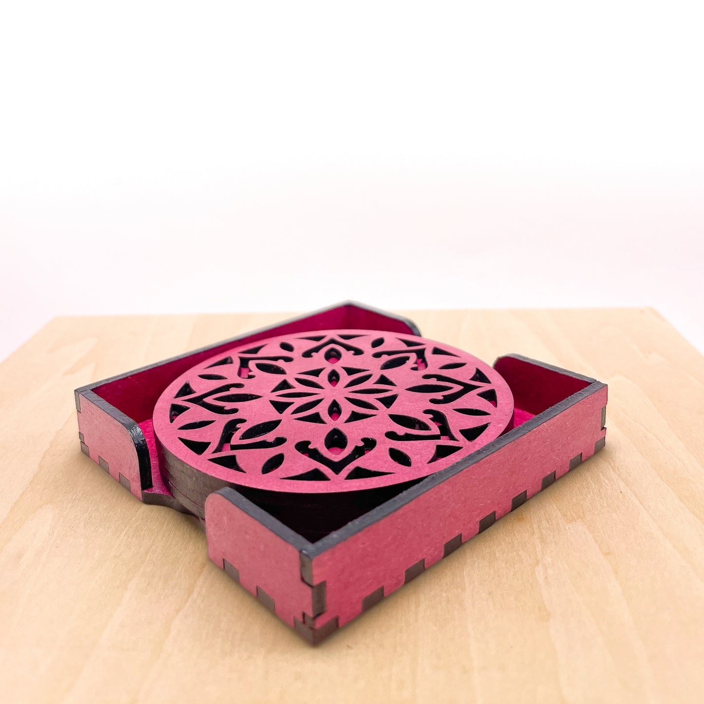 Wooden Dvaadash Mandala Coasters with Holder