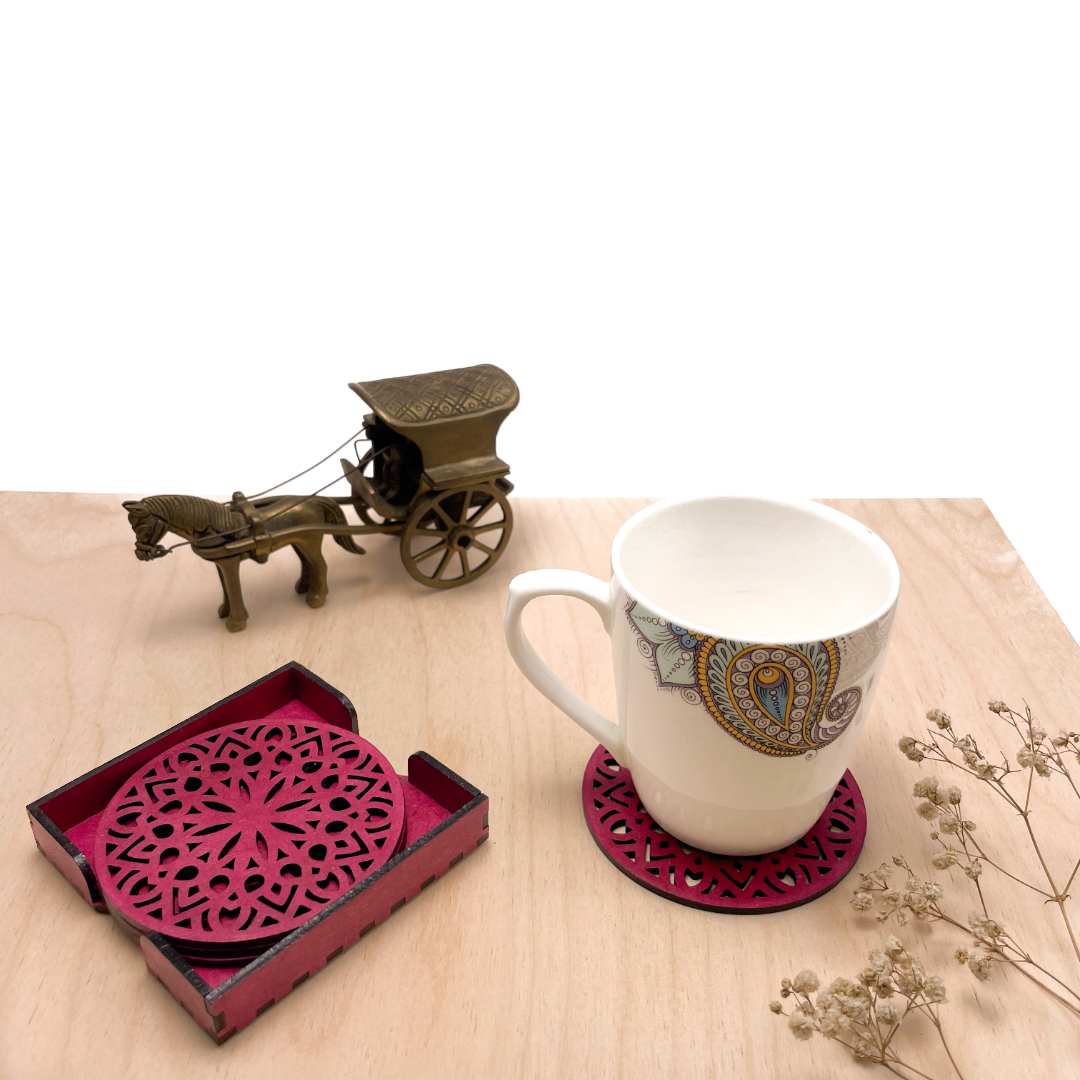 Wooden Panchadash Mandala Coasters with Holder