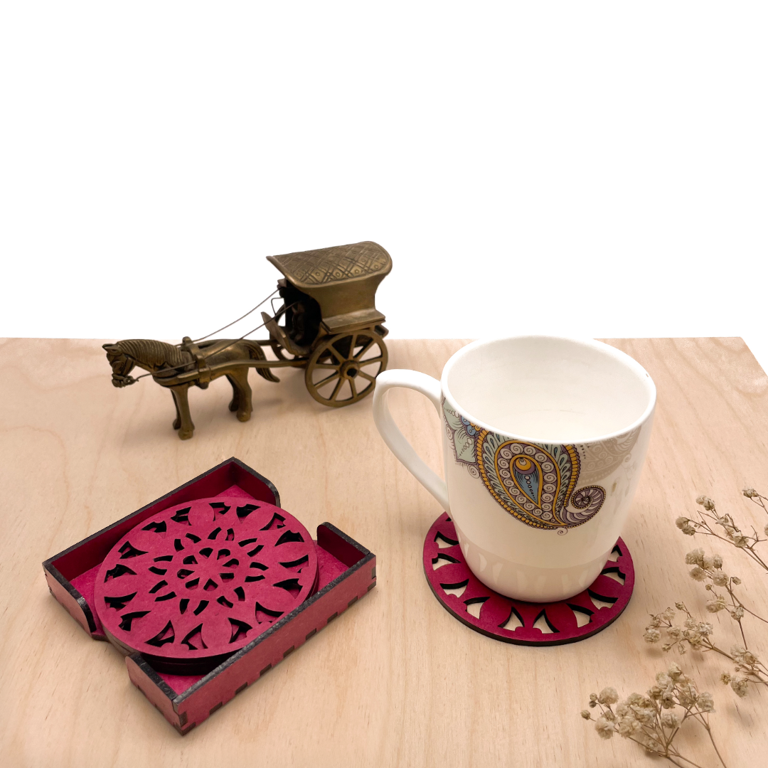 Wooden Navadash Mandala Coasters with Holder