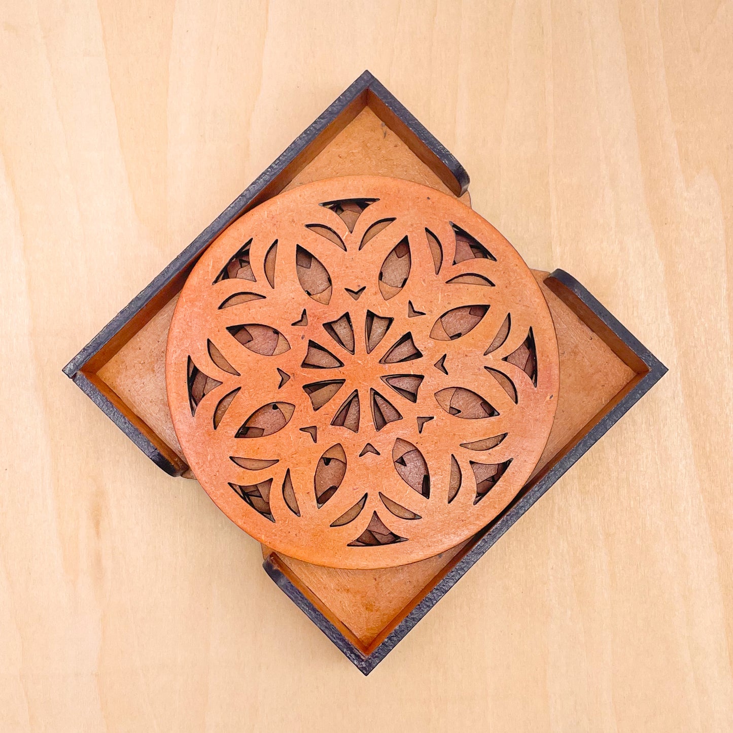 Wooden Ekaadash Mandala Coasters with Holder