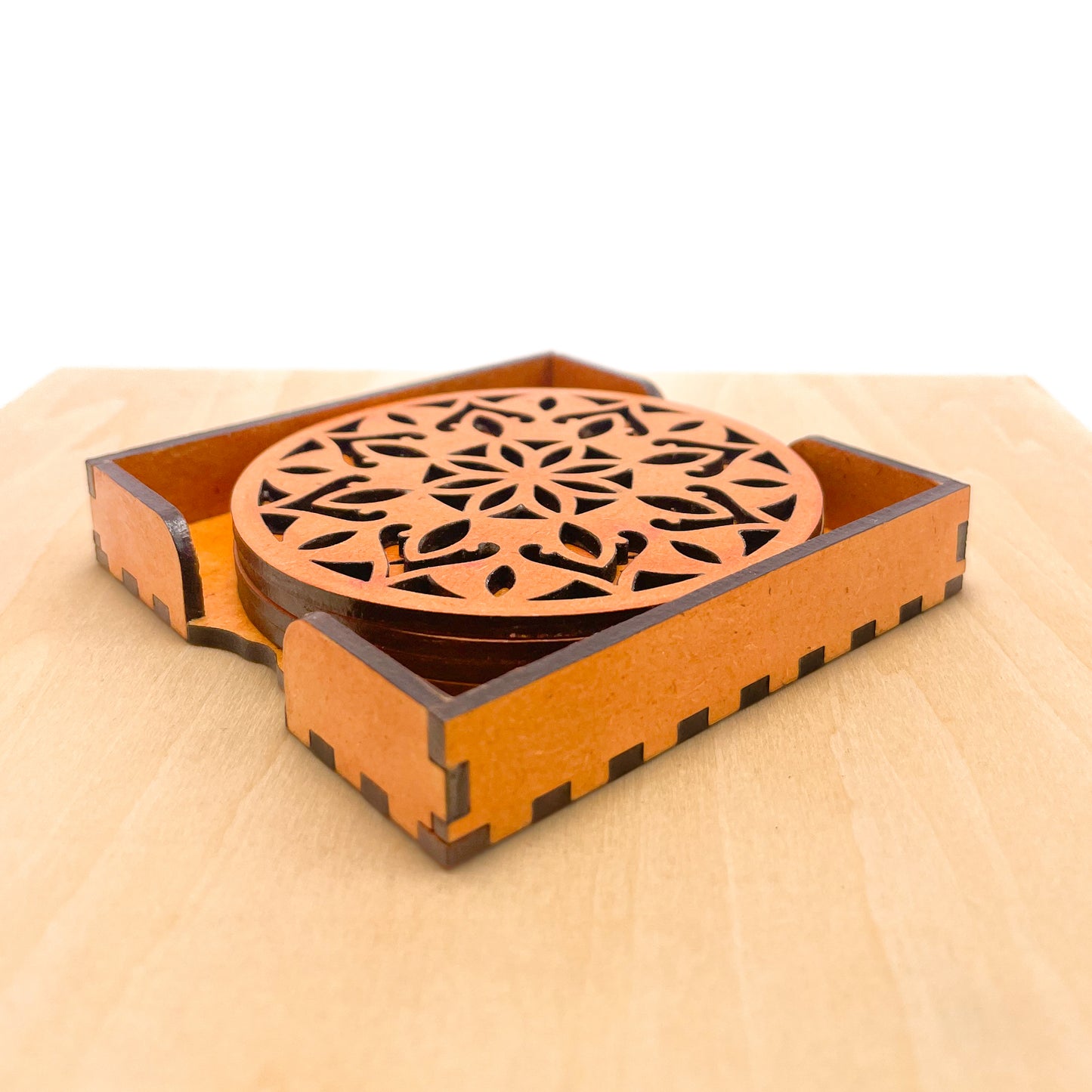Wooden Dvaadash Mandala Coasters with Holder