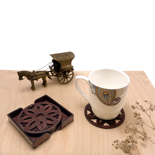 Wooden Pancha Mandala Coasters with Holder