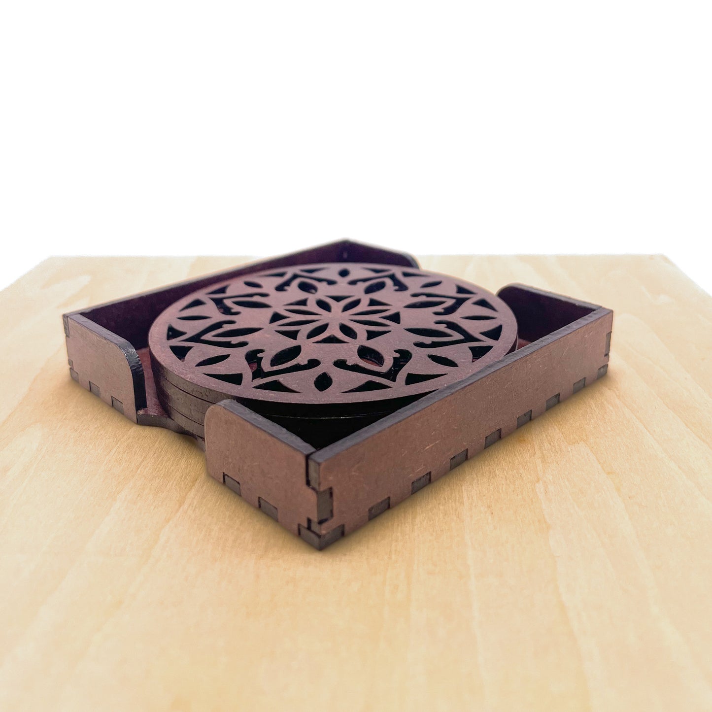Wooden Dvaadash Mandala Coasters with Holder