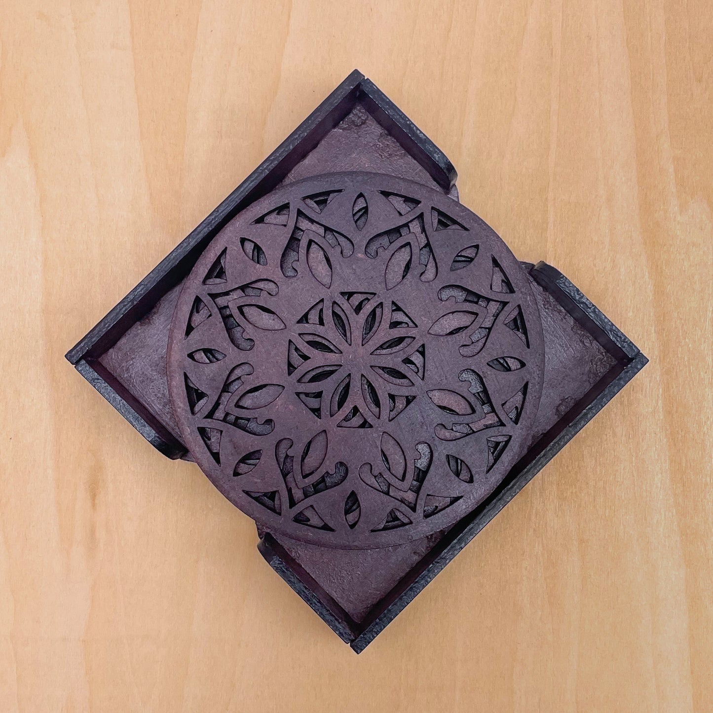 Wooden Dvaadash Mandala Coasters with Holder
