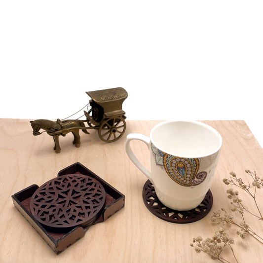 Wooden Chaturdash Mandala Coasters with Holder
