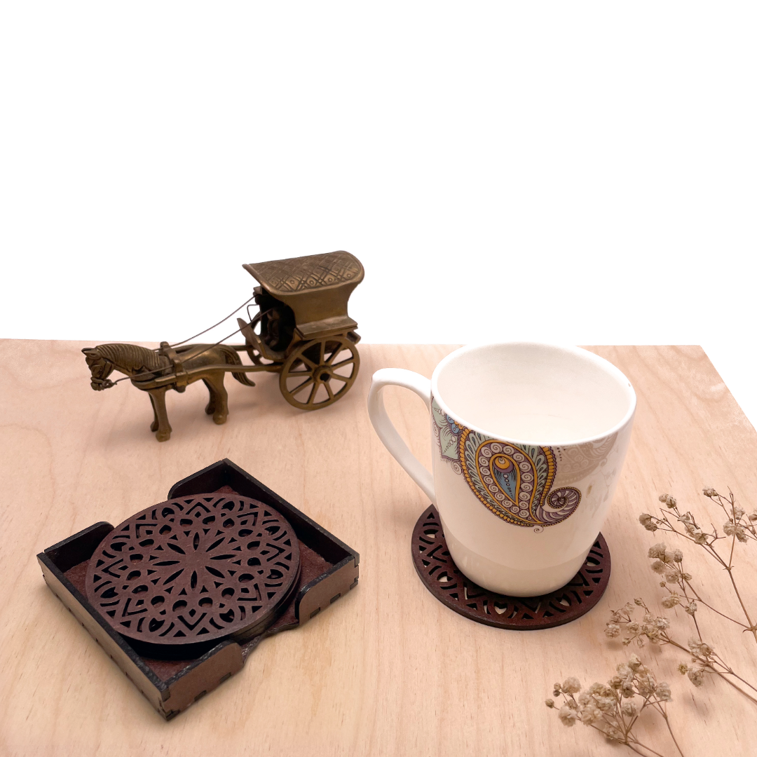 Wooden Panchadash Mandala Coasters with Holder